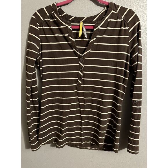 LOLE Striped Top Women’s Size XL Adjustable Button Up Long Sleeve Brown & White - Picture 1 of 10